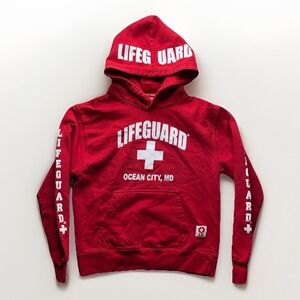 Lifeguard Hoodie Youth Sweatshirt Medium 10-12 Red Ocean City MD Spell-Out Beach